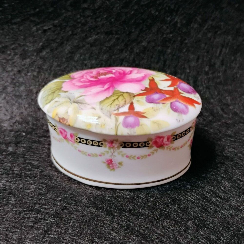Vintage Crownford Porcelain Oval Bone China Trinket Box, England Roses Flowers